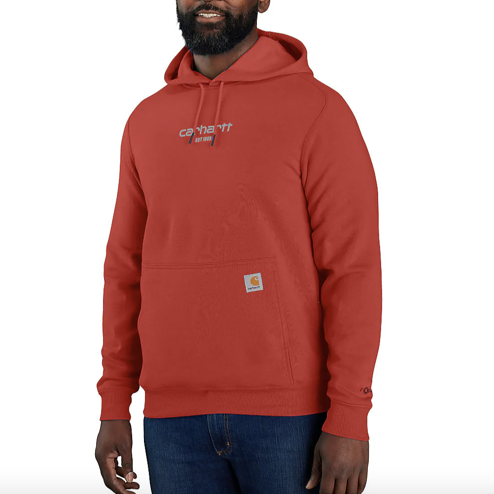 A man wearing a red hooded sweatshirt with a small logo on the pocket.