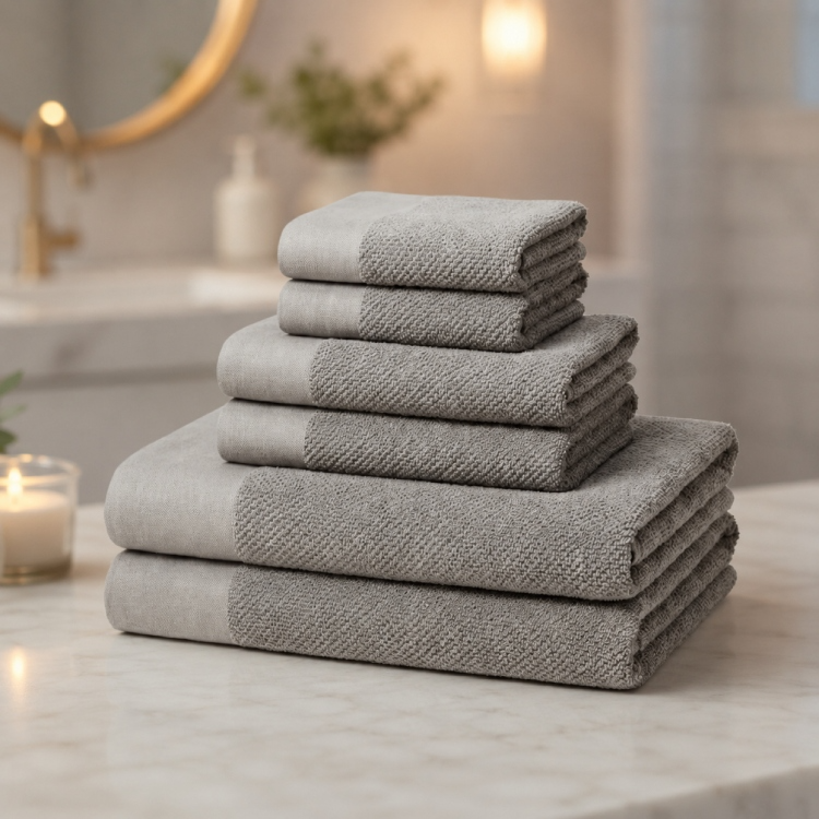 A neatly stacked set of gray towels is displayed on a marble surface, with a blurred background featuring a round mirror, a glowing candle, and a potted plant.