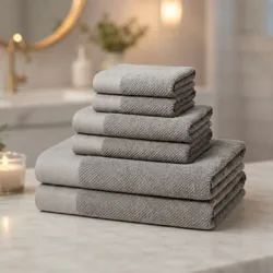A neatly stacked set of gray towels is displayed on a marble surface, with a blurred background featuring a round mirror, a glowing candle, and a potted plant.