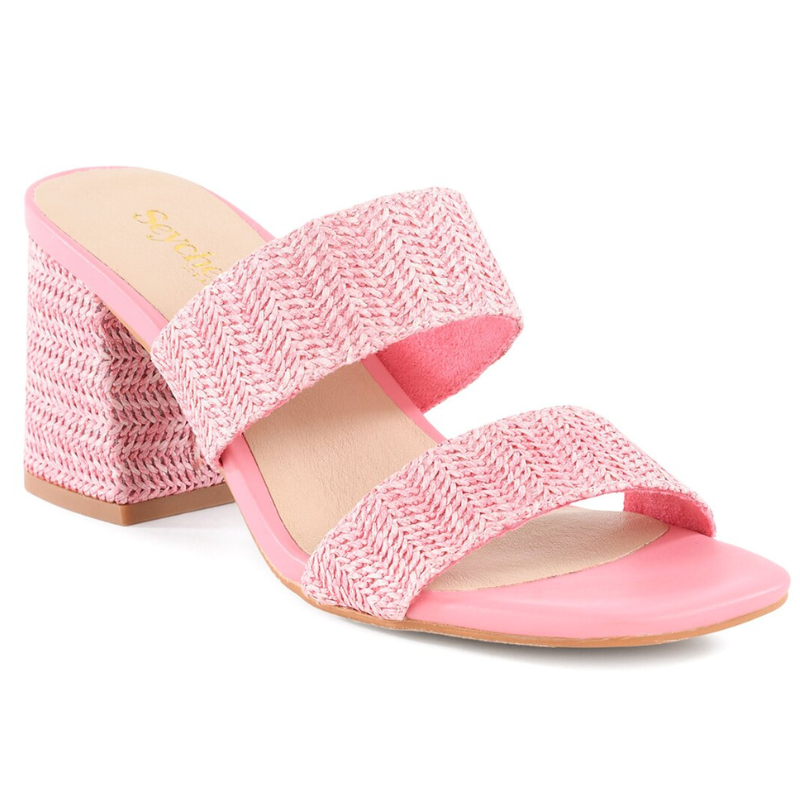 Pink open-toe sandal with a block heel and two woven straps.