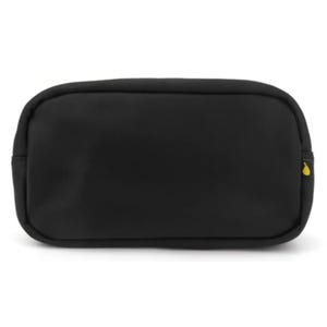A black nylon zip pouch with a simple, rectangular design and a small yellow tag. Perfect for organizing small items.