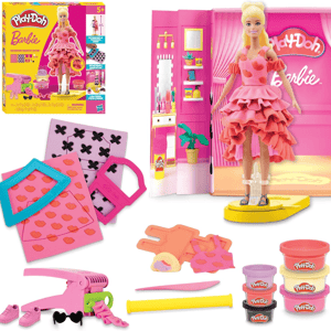 Play-Doh Barbie Designer Fashion Show set includes a Barbie doll, molds, tools, and Play-Doh cans for creating and styling dresses and accessories.