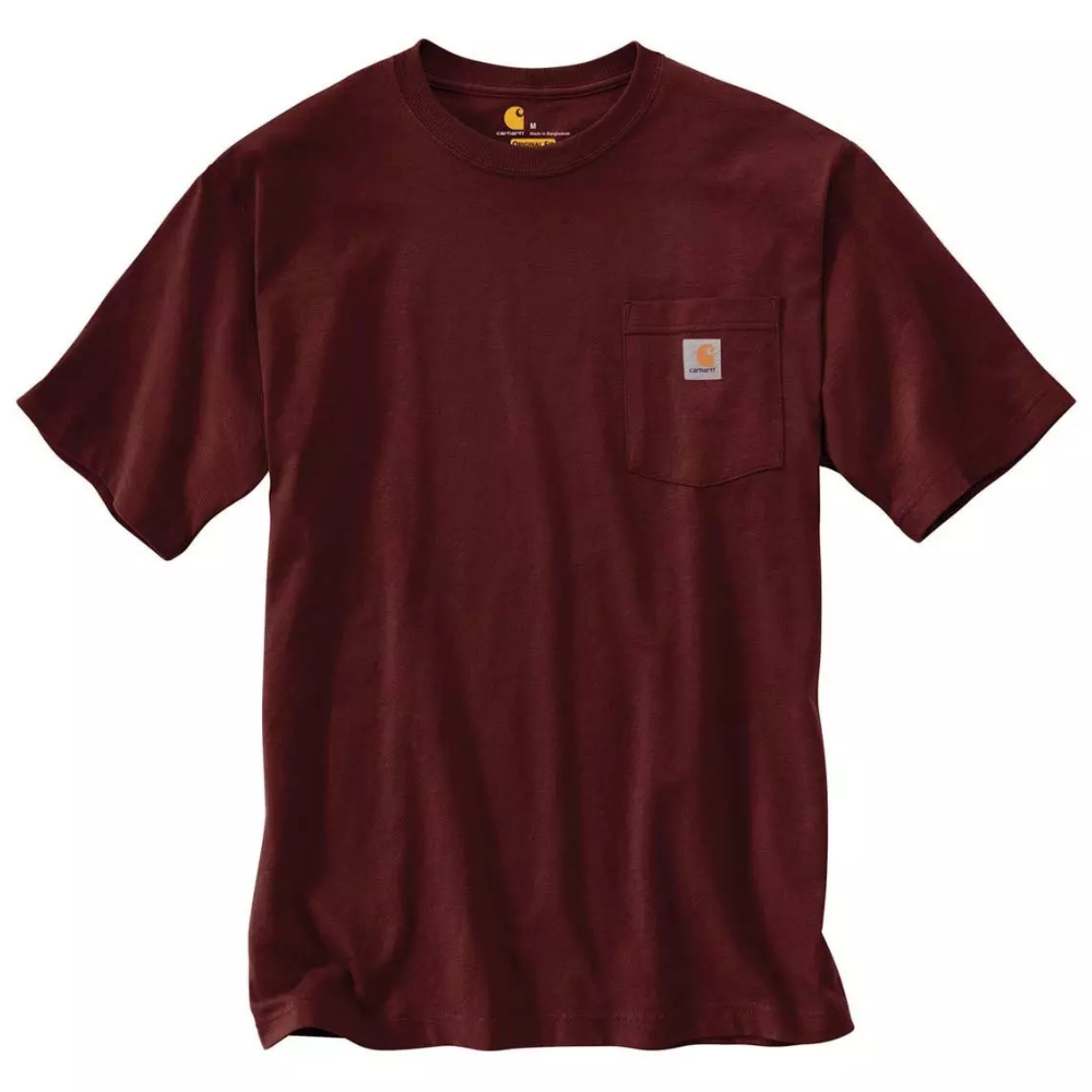 A maroon short-sleeve Carhartt pocket t-shirt with a small logo tag on the pocket.