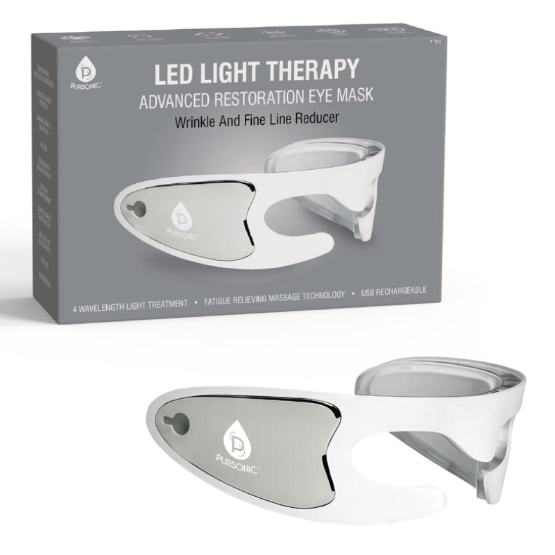 LED Light Therapy Advanced Restoration Eye Mask by Pursonic for wrinkle and fine line reduction. Features 4 wavelength light treatment, fatigue-relieving massage technology, and USB rechargeability.