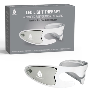 LED Light Therapy Advanced Restoration Eye Mask by Pursonic for wrinkle and fine line reduction. Features 4 wavelength light treatment, fatigue-relieving massage technology, and USB rechargeability.