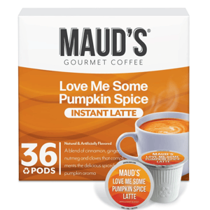 Maud's Gourmet Coffee Love Me Some Pumpkin Spice Instant Latte in 36 pods, featuring a blend of cinnamon, ginger, nutmeg, and cloves.
