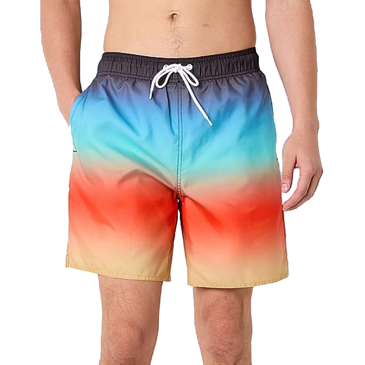 Men's swim trunks with a gradient design featuring shades of blue, red, and yellow, and a white drawstring.