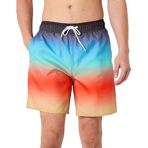 Men's swim trunks with a gradient design featuring shades of blue, red, and yellow, and a white drawstring.