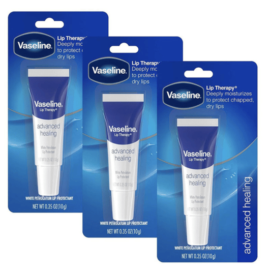 Vaseline Lip Therapy Advanced Healing, 0.35 oz (10g) tubes, deeply moisturizes and protects chapped, dry lips. Comes in a pack of three.