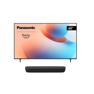 Panasonic 65\“ Fire TV with a black soundbar below.