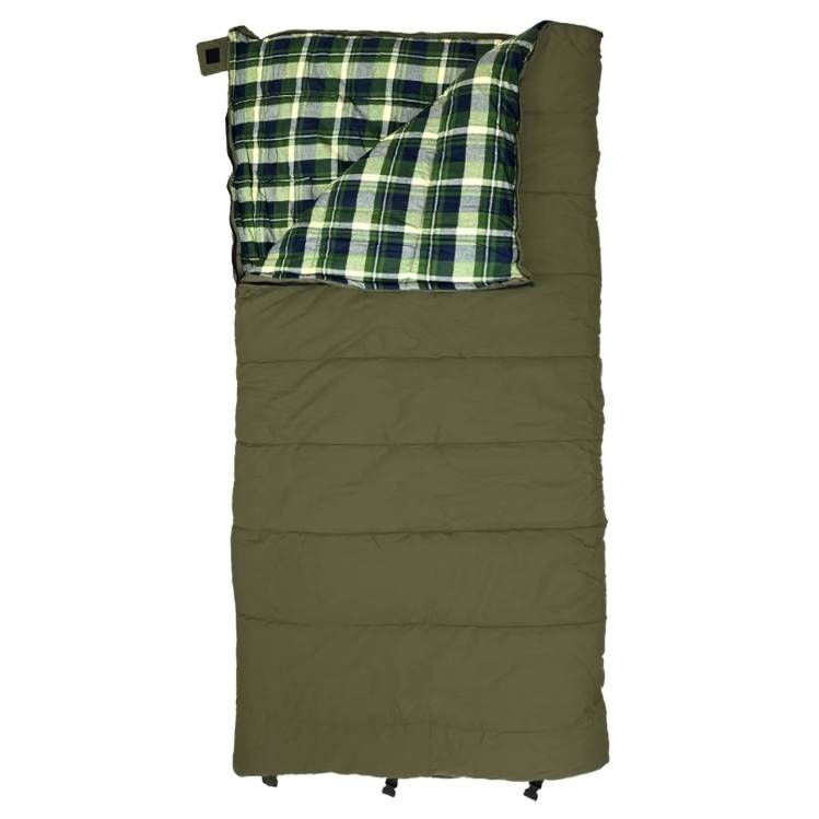 A rectangular sleeping bag with an olive green exterior and a plaid interior in green, blue, and white.