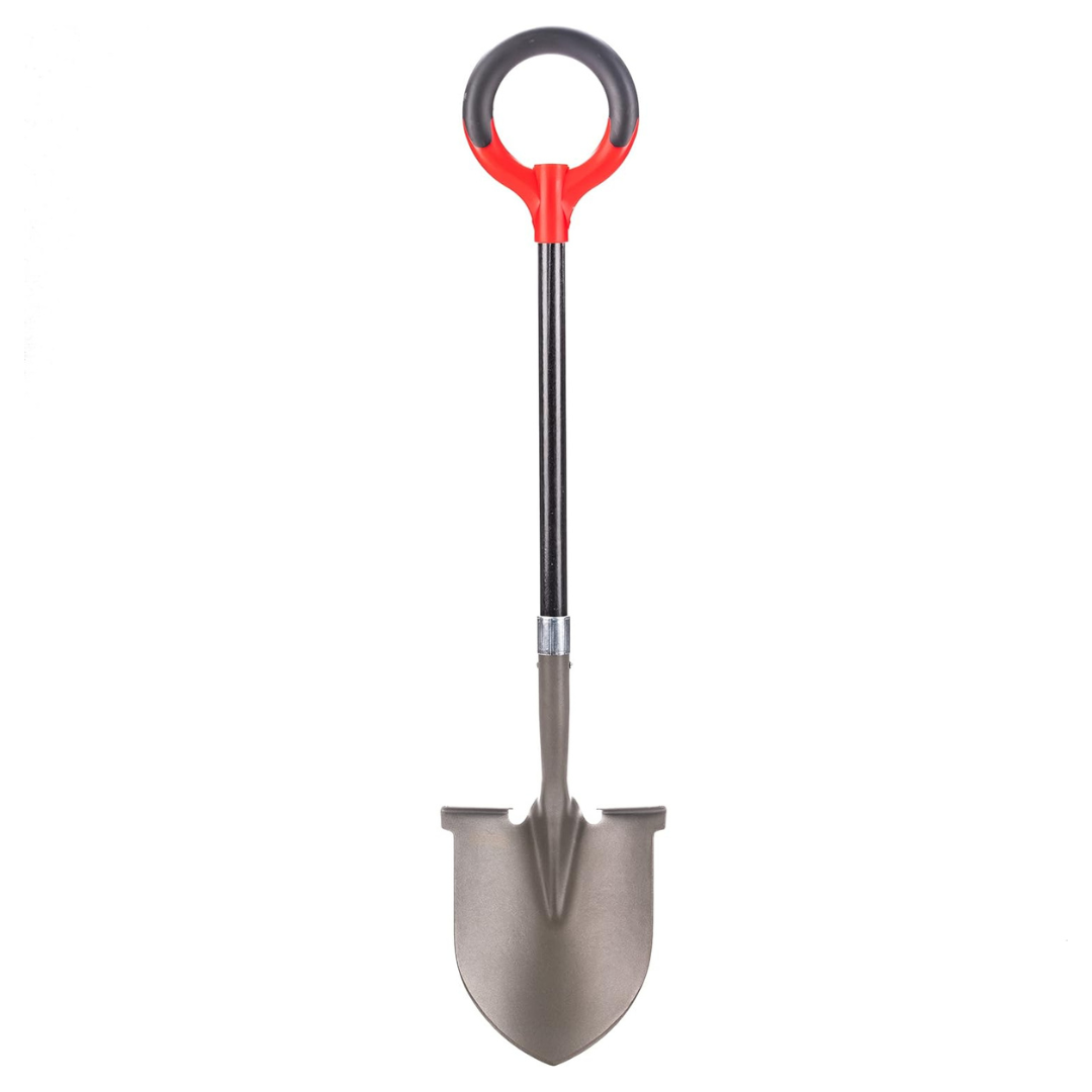 A shovel with a red and black circular handle, a long black shaft, and a pointed metal blade.
