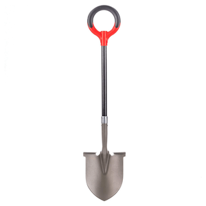 A shovel with a red and black circular handle, a long black shaft, and a pointed metal blade.
