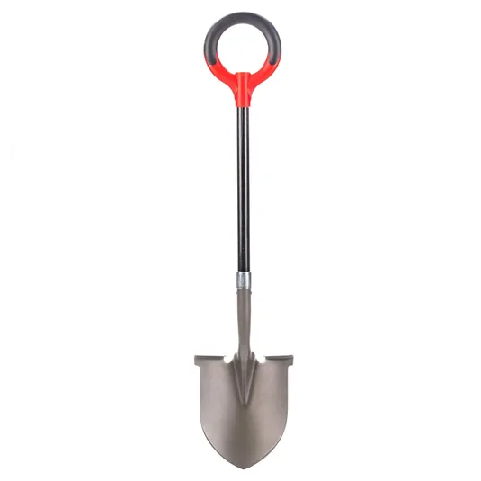 A shovel with a red and black circular handle, a long black shaft, and a pointed metal blade.