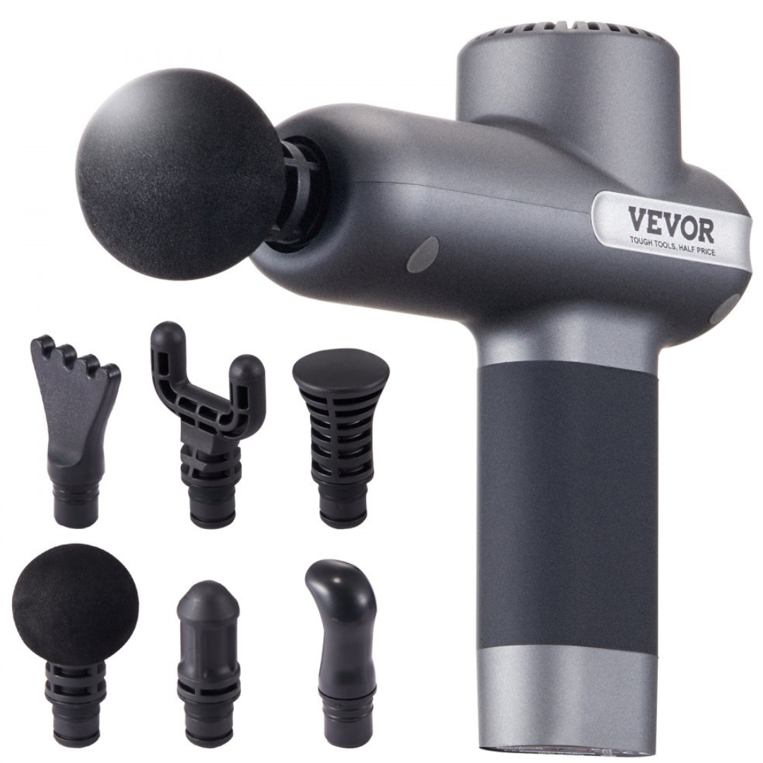 VEVOR Massage Gun Deep Tissue is a handheld device with multiple detachable heads designed for muscle relaxation and recovery. It features a gray and black ergonomic design with six interchangeable attachments for targeting different muscle groups.