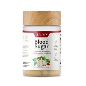 SNAP Blood Sugar supplement with berberine, cinnamon, and 22 other active ingredients, designed to support healthy blood sugar levels. Contains 60 capsules.