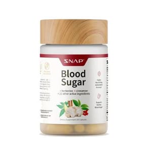 SNAP Blood Sugar supplement with berberine, cinnamon, and 22 other active ingredients, designed to support healthy blood sugar levels. Contains 60 capsules.