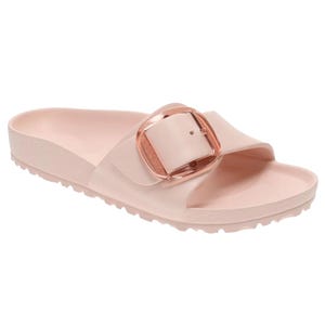 Birkenstock Madrid Big Buckle Sandals in a soft pink color feature a wide strap with a large, rose gold buckle. The design offers a minimalist style with a contoured footbed for comfort.