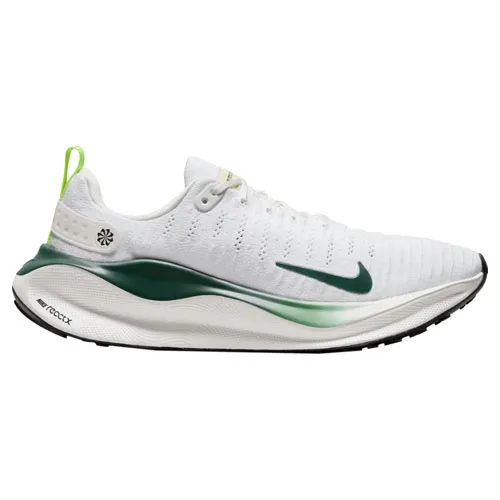 White running shoe with a green Nike swoosh and accent, featuring React cushioning technology.