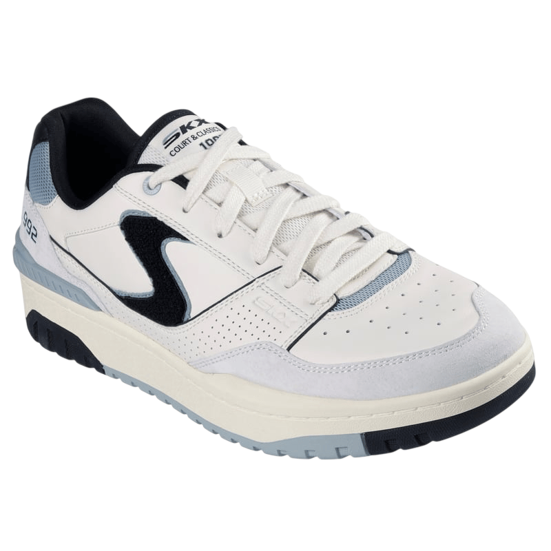 A white sneaker with black, blue, and gray accents, featuring the number \“992\“ on the side and \“Skechers Court Classic\“ on the tongue, designed for athletic or casual wear.