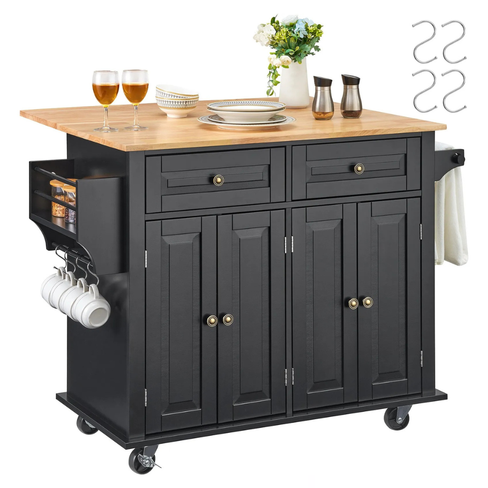 A black rolling kitchen island cart with a wooden top, featuring cabinets, drawers, side racks, cup hooks, and towel bars; set on wheels for mobility and includes S hooks.