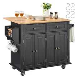 A black rolling kitchen island cart with a wooden top, featuring cabinets, drawers, side racks, cup hooks, and towel bars; set on wheels for mobility and includes S hooks.