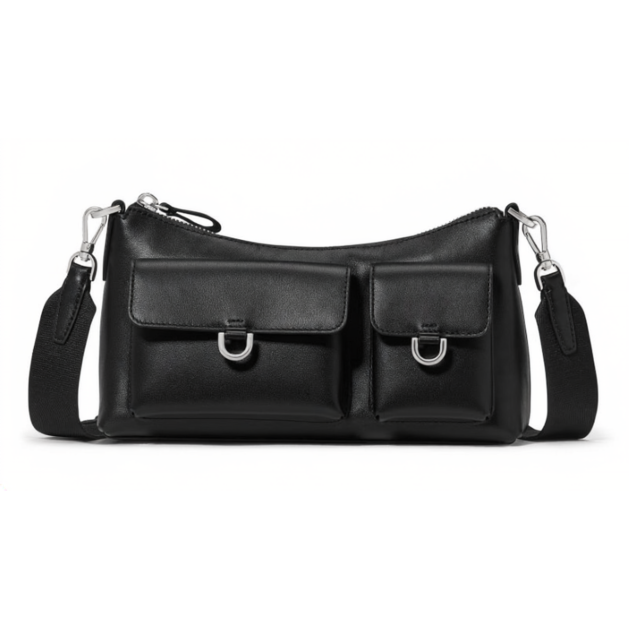 A black leather crossbody bag with two front flap pockets, featuring silver hardware and an adjustable strap.