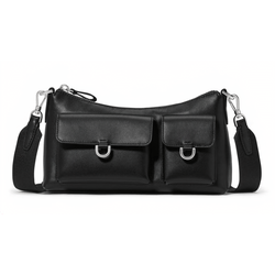 A black leather crossbody bag with two front flap pockets, featuring silver hardware and an adjustable strap.