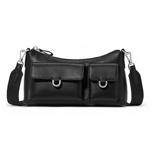 A black leather crossbody bag with two front flap pockets, featuring silver hardware and an adjustable strap.