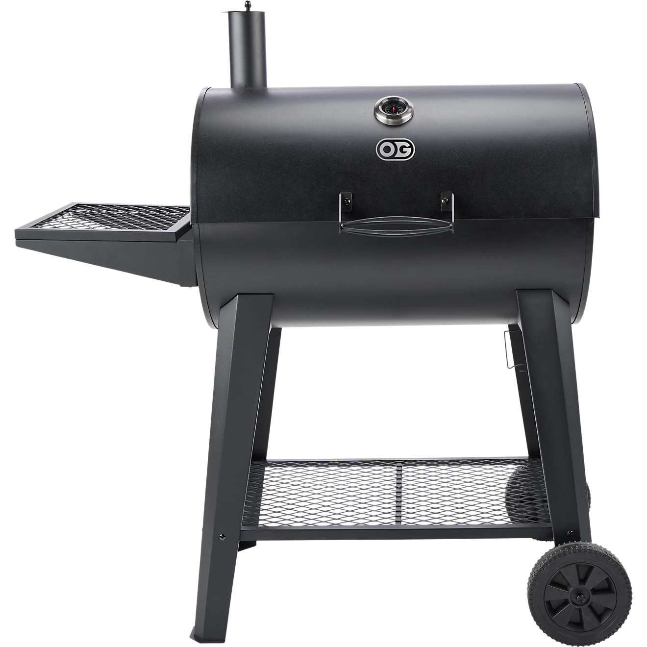 A black, barrel-style outdoor grill with a side shelf, chimney, and wheels for mobility.