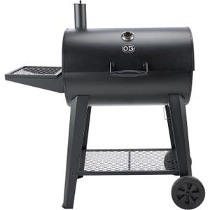 A black, barrel-style outdoor grill with a side shelf, chimney, and wheels for mobility.