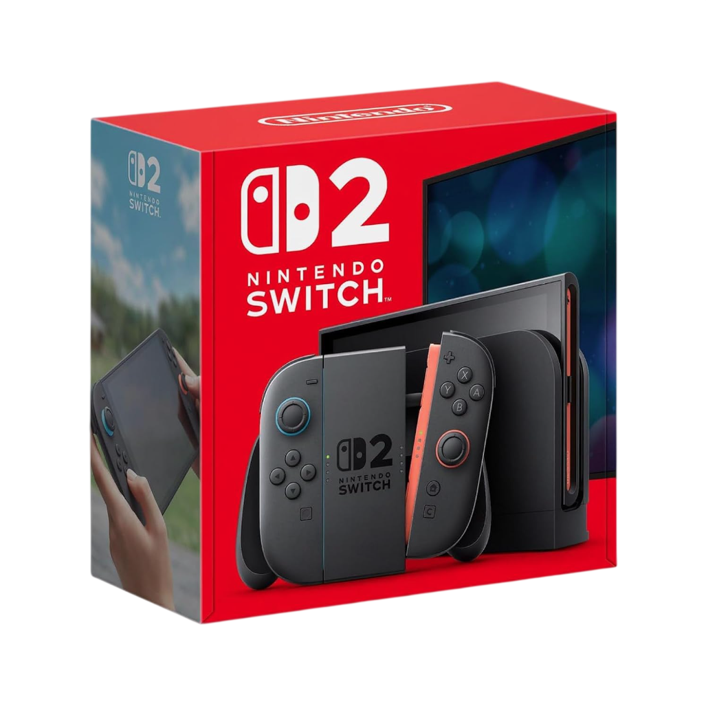Nintendo Switch 2 packaging is presented, featuring the console with Joy-Con controllers in a red box.