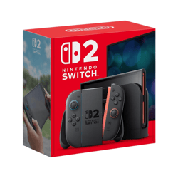 Nintendo Switch 2 packaging is presented, featuring the console with Joy-Con controllers in a red box.