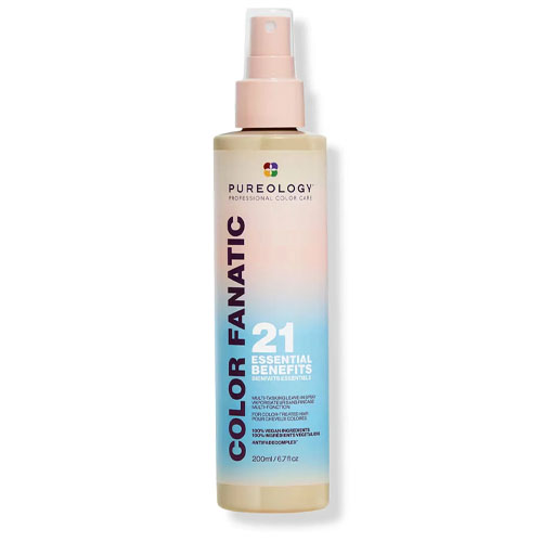 Pureology Color Fanatic Multi-Tasking Leave-In Spray, 200ml/6.7 fl.oz, offers 21 essential benefits for color-treated hair, enhancing texture, protection, and shine.