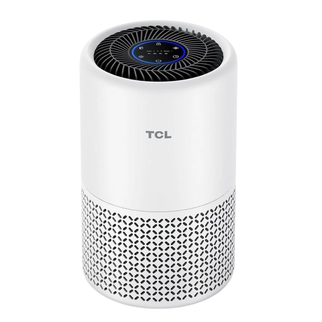 TCL air purifier with a white cylindrical design featuring a black top grid and control panel.