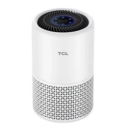 TCL air purifier with a white cylindrical design featuring a black top grid and control panel.