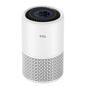 TCL air purifier with a white cylindrical design featuring a black top grid and control panel.