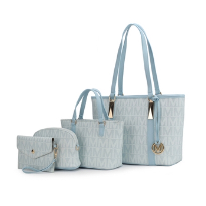 Four-piece light blue handbag set with a monogrammed design, featuring a large tote, medium tote, wristlet, and pouch, all accented with gold details.