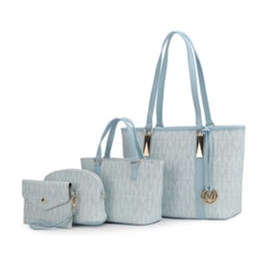 Four-piece light blue handbag set with a monogrammed design, featuring a large tote, medium tote, wristlet, and pouch, all accented with gold details.