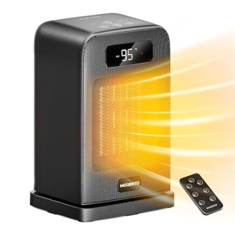 A compact Morento ceramic space heater with an LED display showing 95°F, accompanied by a remote control.