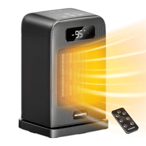 A compact Morento ceramic space heater with an LED display showing 95°F, accompanied by a remote control.