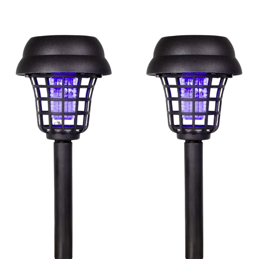 Two black outdoor bug zappers with a protective grid and blue light, surrounded by mosquitoes.