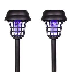 Two black outdoor bug zappers with a protective grid and blue light, surrounded by mosquitoes.