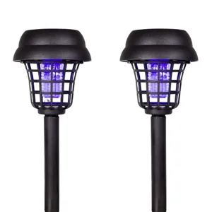 Two black outdoor bug zappers with a protective grid and blue light, surrounded by mosquitoes.