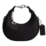 A black crescent-shaped handbag featuring silver hardware, a chain strap, and a small tag.