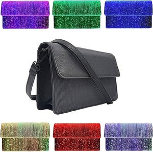 A black purse with a color-changing LED panel that displays various colors, including purple, green, blue, rainbow, red, and a mix of blue and purple. The purse has a shoulder strap and a flap closure.