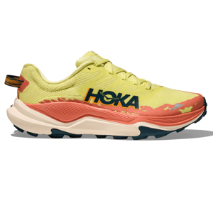 Yellow and coral HOKA running shoe featuring a cushioned sole and breathable mesh upper with a distinct logo.