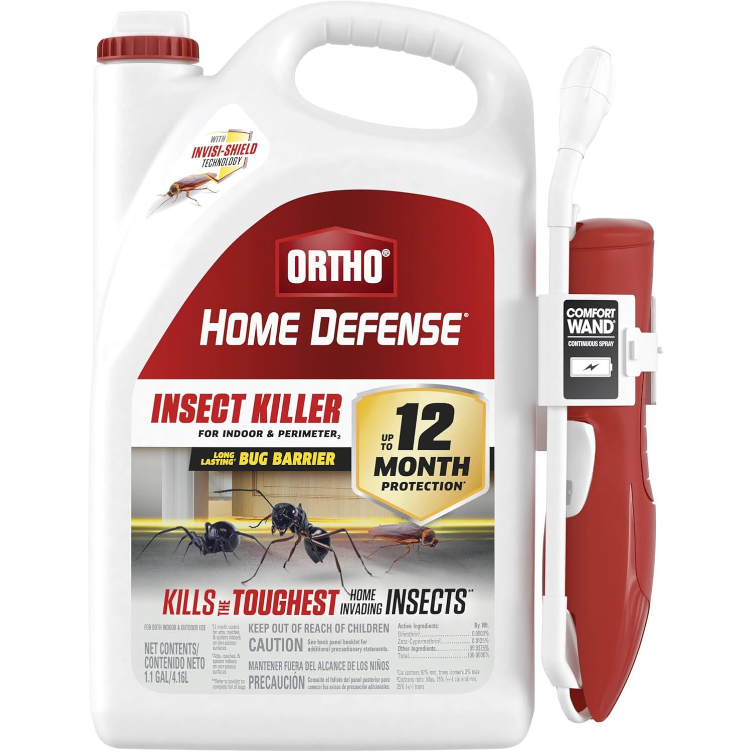 Ortho Home Defense Insect Killer with Comfort Wand offers up to 12 months of indoor and perimeter bug barrier protection, targeting tough home-invading insects. Contains 1.1 gallons (4.16L) of formula with Invisi-Shield technology for continuous spray.