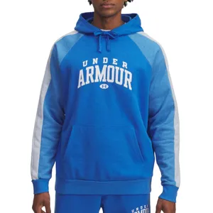 Blue Under Armour hoodie with white lettering and white stripe accents on the sleeves, featuring a drawstring hood and a large front pocket.