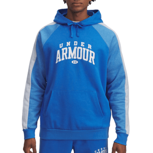 Blue Under Armour hoodie with white lettering and white stripe accents on the sleeves, featuring a drawstring hood and a large front pocket.